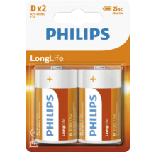 Pachet de doua baterii zinc clorura Philips LongLife tip D 1,5 volti mono