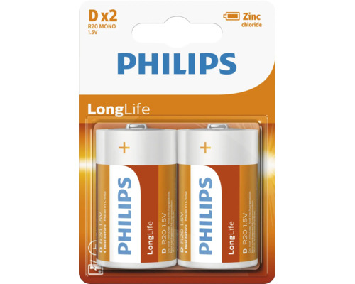 Pachet de doua baterii zinc clorura Philips LongLife tip D 1,5 volti mono