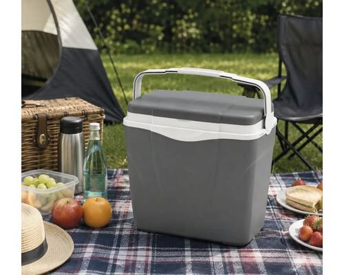 Ladă frigorifică gri cu mâner alb pe o pătură de picnic în aer liber lângă un cort și alimente.