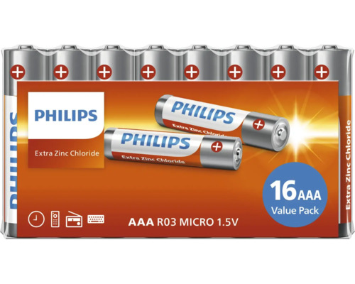 Baterii zinc-clorură Philips AAA 16 bucăți în pachet economic 1.5 volt