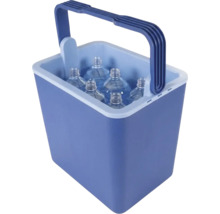 Ladă frigorifică albastră din plastic cu mâner de transport, umplută cu mai multe sticle din plastic.