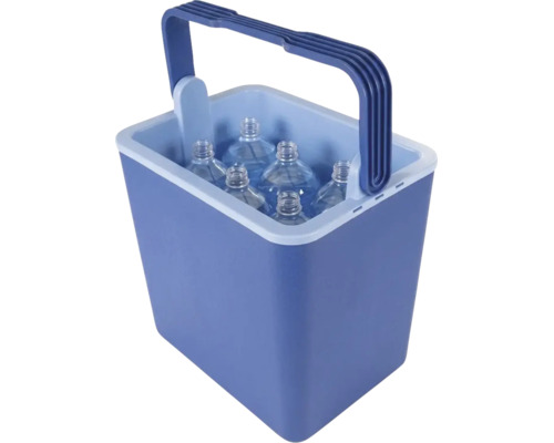 Ladă frigorifică albastră din plastic cu mâner de transport, umplută cu mai multe sticle din plastic.