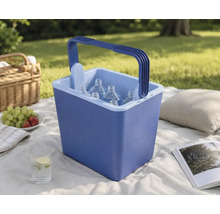 Lada frigorifică albastră din plastic cu mâner de transport, umplută cu sticle de apă, pe o pătură de picnic în aer liber.