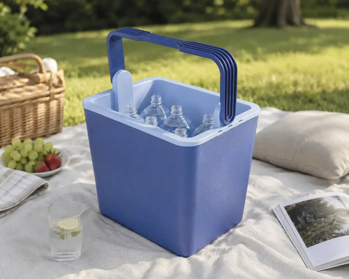 Lada frigorifică albastră din plastic cu mâner de transport, umplută cu sticle de apă, pe o pătură de picnic în aer liber.