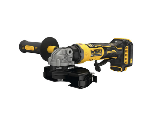 Polizor unghiular cu acumulator DeWalt 18 Volt XR cu motor fără perii, mâner suplimentar și apărătoare de protecție, fără acumulator.