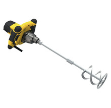 Amestecător electric galben și negru cu o tijă de amestecare din metal pentru mortar și vopsea.