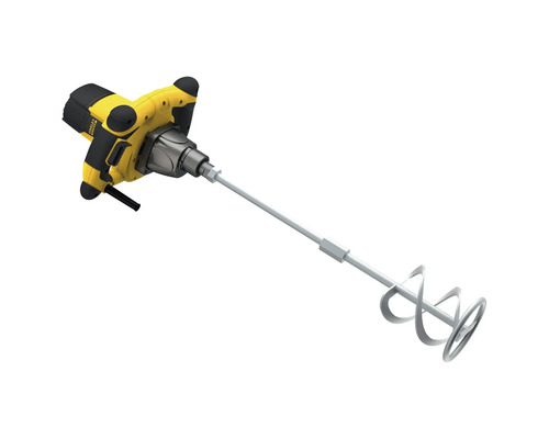 Amestecător electric galben și negru cu o tijă de amestecare din metal pentru mortar și vopsea.