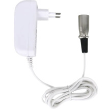 Adaptor de alimentare cu ștecher european, cablu alb și un conector XLR.