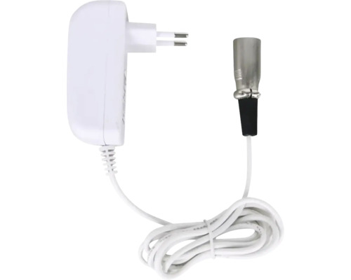 Adaptor de alimentare cu ștecher european, cablu alb și un conector XLR.