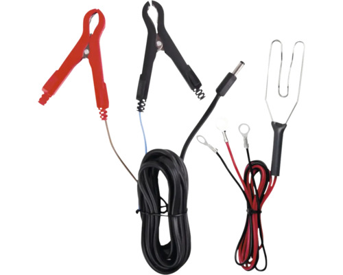 Set de accesorii pentru încărcătoare de baterii cu clești tip crocodil, papuci cu inel și cabluri de conectare.