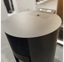 Sobă modernă pe peleți cu afișaj digital și partea superioară rotundă.