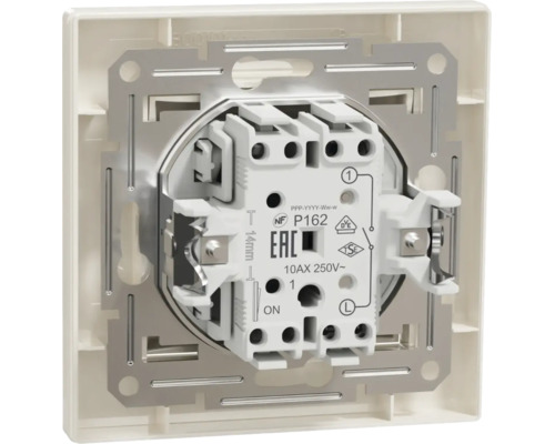 Mecanism întrerupător încastrat cu ramă metalică și borne fără șurub pentru instalații electrice, 10 Amperi 250 Volți curent alternativ.