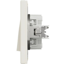 Vedere laterală a unui întrerupător basculant cu placă frontală și mecanism electric intern pentru montare pe perete.