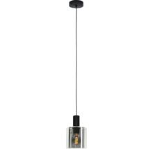 Pendul cu abajur cilindric din sticlă, suport negru și bec LED cu filament vizibil.