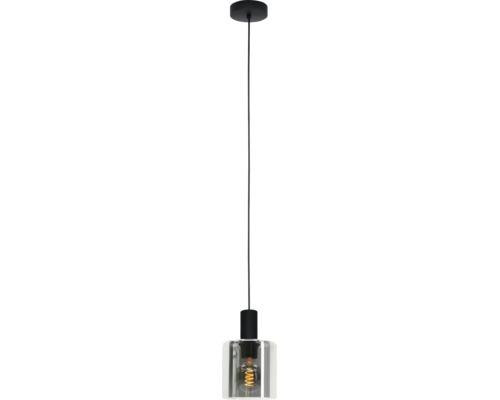 Pendul cu abajur cilindric din sticlă, suport negru și bec LED cu filament vizibil.