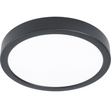 Plafonieră LED rotundă cu ramă metalică neagră și difuzor alb.