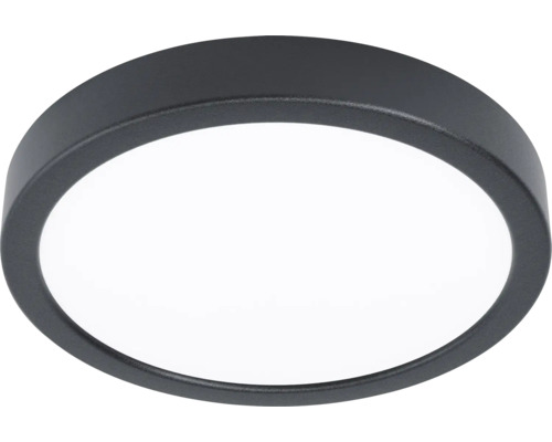 Plafonieră LED rotundă cu ramă metalică neagră și difuzor alb.