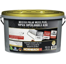 Vopsea lavabilă albă Hornbach Meister Polar Weiss Plus, găleată de 10 litri, mată, putere mare de acoperire, pentru circa 65-85 metri pătrați.