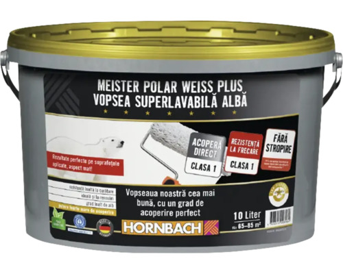 Vopsea lavabilă albă Hornbach Meister Polar Weiss Plus, găleată de 10 litri, mată, putere mare de acoperire, pentru circa 65-85 metri pătrați.