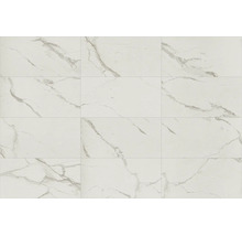 Plăci ceramice cu aspect de marmură și nervuri gri, dreptunghiulare, pentru perete și podea.