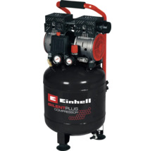 Compresor Einhell SilentPlus cu Einhell Logo, rezervor negru de presiune vertical, două manometre și mâner roșu.
