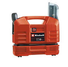 Compresor portabil Einhell, fără ulei, presiune maximă 8 bar, mâner integrat, compartiment pentru accesorii și pistol de umflat roți cu manometru.