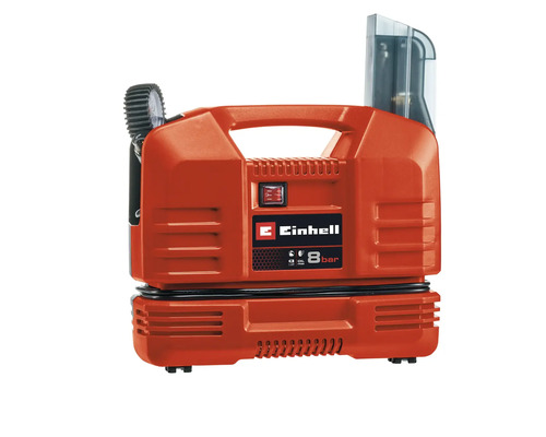 Compresor portabil Einhell, fără ulei, presiune maximă 8 bar, mâner integrat, compartiment pentru accesorii și pistol de umflat roți cu manometru.