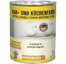 Vopsea Hornbach baie și bucătărie, 1 litru, peliculă de protecție integrată, pentru încăperi cu umezeală, Made in Germany, Hornbach Logo.