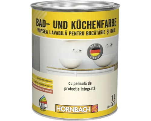 Vopsea Hornbach baie și bucătărie, 1 litru, peliculă de protecție integrată, pentru încăperi cu umezeală, Made in Germany, Hornbach Logo.