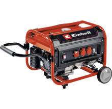 Generator de curent Einhell cu Einhell Logo, roți, mâner și două prize de 230 volți.
