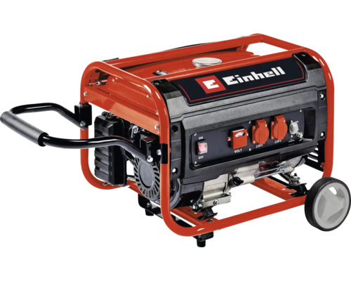 Generator de curent Einhell cu Einhell Logo, roți, mâner și două prize de 230 volți.