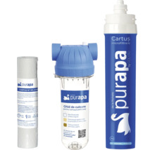 Set de filtrare a apei Purapa compus dintr-un cartuș filtrant 5 microni, o carcasă de filtru și un cartuș de microfiltrare.