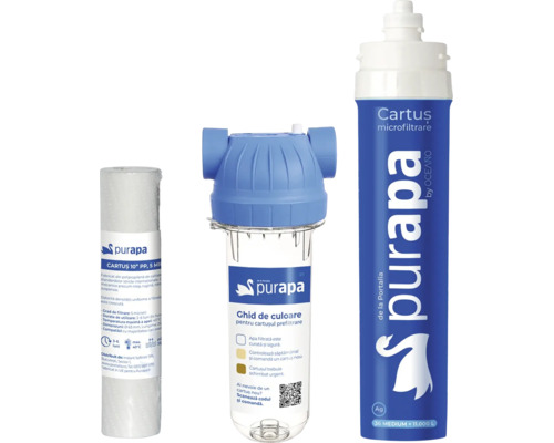 Set de filtrare a apei Purapa compus dintr-un cartuș filtrant 5 microni, o carcasă de filtru și un cartuș de microfiltrare.