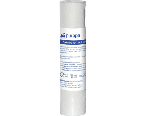 Cartuș filtrant Purapa 10 inch din polipropilenă, 5 microni, pentru filtrarea sedimentelor. Purapa Logo.