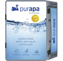 Siglă Purapa de la Portalia pe un sistem de filtrare a apei cu simboluri pentru economie, ecologie și soluție completă.