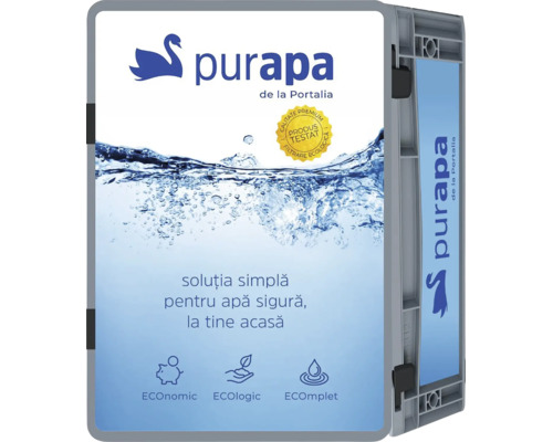 Siglă Purapa de la Portalia pe un sistem de filtrare a apei cu simboluri pentru economie, ecologie și soluție completă.