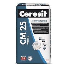 Adeziv Ceresit CM 25 White S1 Super Flexibil pentru plăci ceramice și piatră naturală, pentru interior și exterior, Ceresit Logo, Henkel Logo.