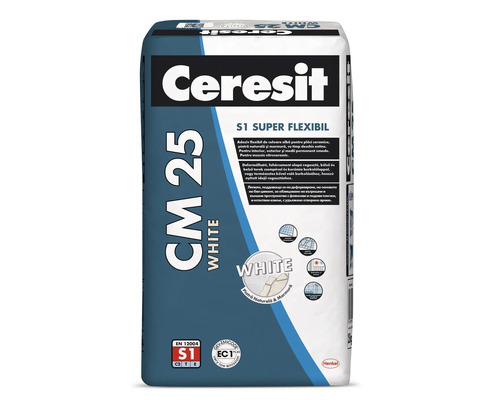 Adeziv Ceresit CM 25 White S1 Super Flexibil pentru plăci ceramice și piatră naturală, pentru interior și exterior, Ceresit Logo, Henkel Logo.