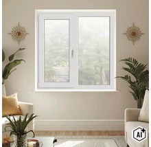 Fereastra din material plastic alb cu doua canaturi intr-o camera de zi amenajata modern, cu plante si mobilier. (Image AI modified or generated)