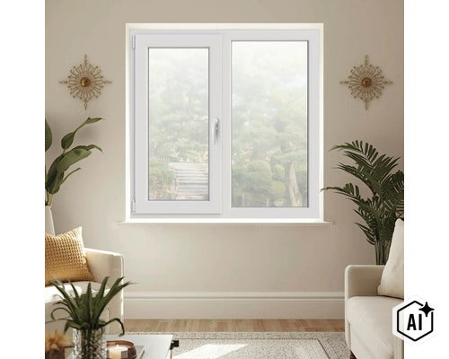 Fereastra din material plastic alb cu doua canaturi intr-o camera de zi amenajata modern, cu plante si mobilier. (Image AI modified or generated)