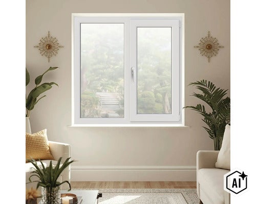 Fereastra din plastic alb cu doua canaturi intr-un living luminos cu decoratiuni si plante. (Image AI modified or generated)