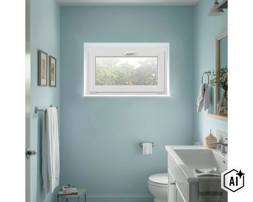 Fereastra din plastic alb instalata intr-o baie cu pereti deschisi la culoare si obiecte sanitare moderne. (Image AI modified or generated)