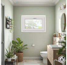 O fereastră din plastic alb într-o baie luminoasă, decorată cu plante și mobilier de baie. (Image AI modified or generated)