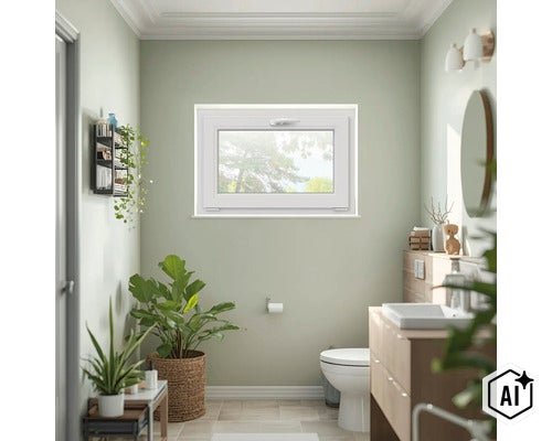 O fereastră din plastic alb într-o baie luminoasă, decorată cu plante și mobilier de baie. (Image AI modified or generated)