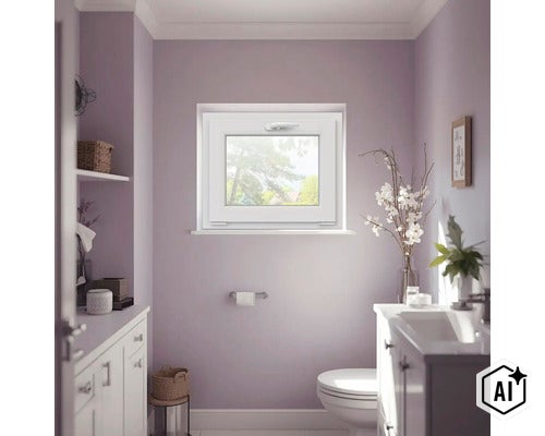O baie luminoasă cu fereastră din material plastic instalată, lavoar și toaletă într-un interior modern și îngrijit. (Image AI modified or generated)
