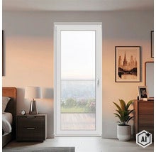 Ușă de balcon modernă într-un dormitor cu vedere spre oraș, interior elegant cu mobilier din lemn și decorațiuni. (Image AI modified or generated)