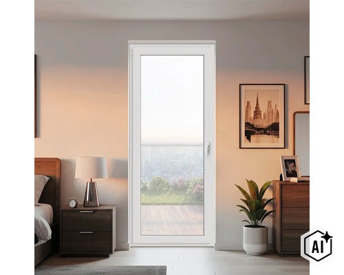 Ușă de balcon modernă într-un dormitor cu vedere spre oraș, interior elegant cu mobilier din lemn și decorațiuni. (Image AI modified or generated)
