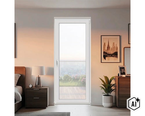 Ușă de balcon modernă într-un dormitor cu vedere spre terasă, integrată într-un design interior luminos. (Image AI modified or generated)