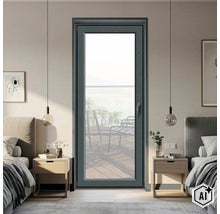 Ușă de balcon modernă într-un dormitor cu vedere spre o terasă, interior elegant cu două noptiere și lămpi suspendate. (Image AI modified or generated)
