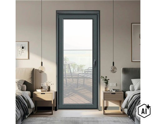 Ușă de balcon modernă într-un dormitor cu vedere spre o terasă, interior elegant cu două noptiere și lămpi suspendate. (Image AI modified or generated)